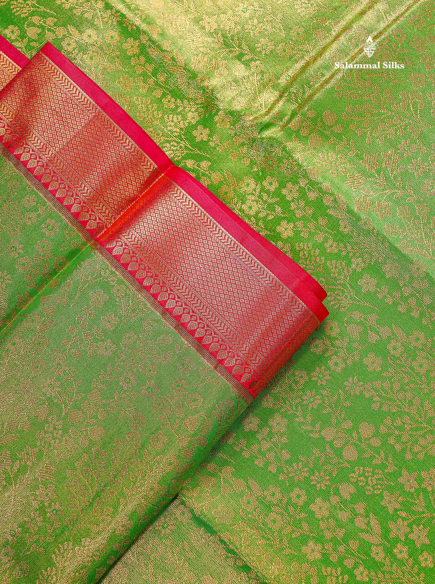 Bridal Semi Silk Saree - Green Colour Body Tissue With Contrast Redish Pink Evening Morning Border