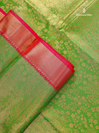 Bridal Semi Silk Saree - Green Colour Body Tissue With Contrast Redish Pink Evening Morning Border