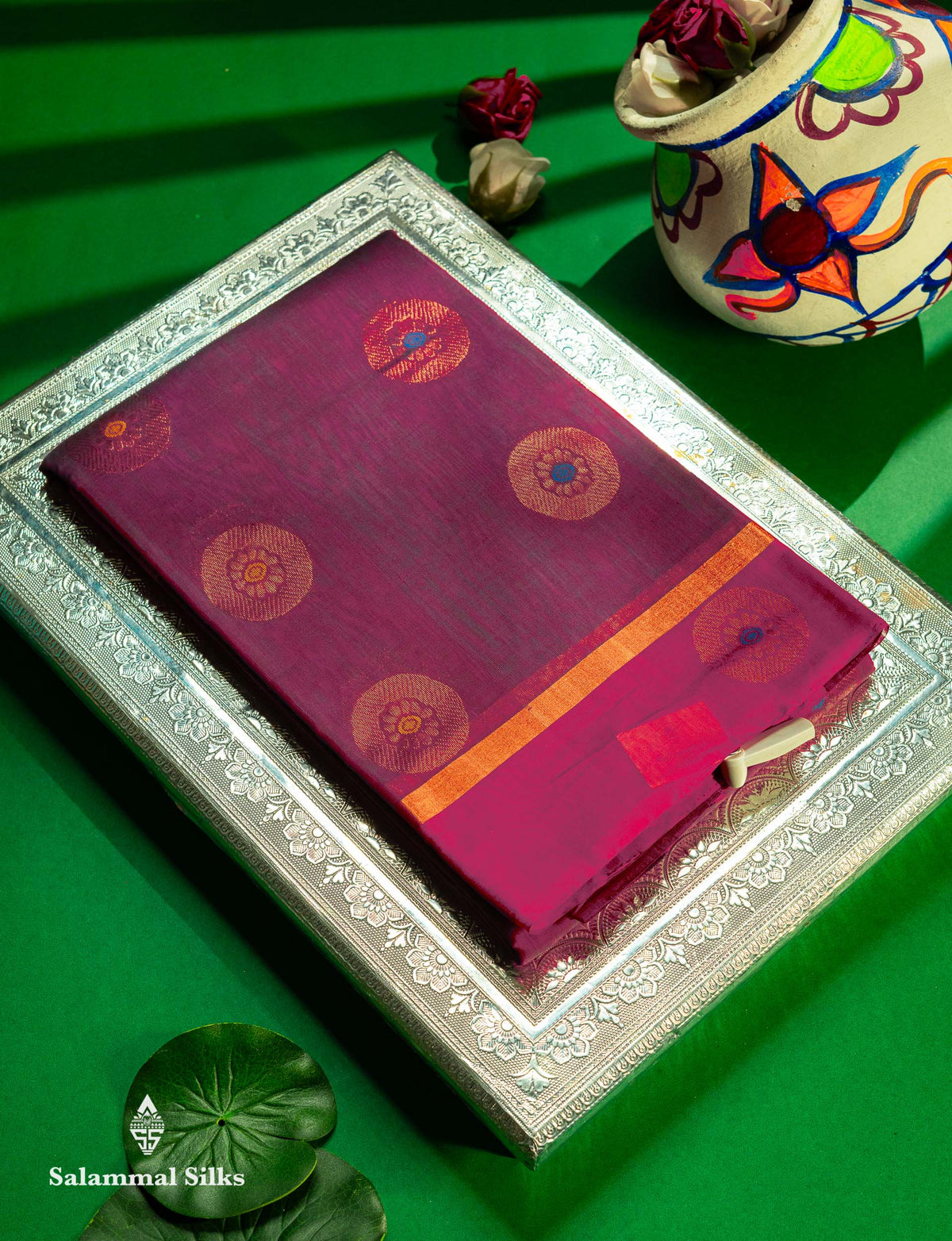 Beautiful Dual Tone Violet Butta With Menakari Work SICO Cotton Saree With Contrast Pink Fancy Border