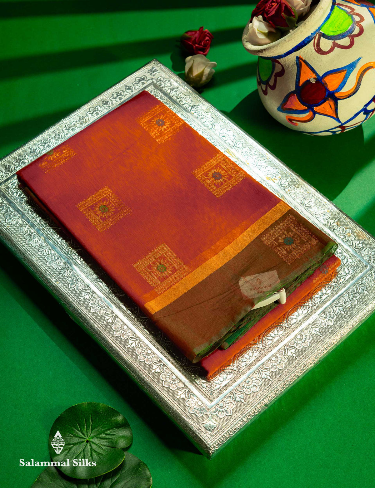 Beautiful Dual Tone Peach Orange Menakari Work SICO Cotton Saree With Contrast Bottle Green Blouse
