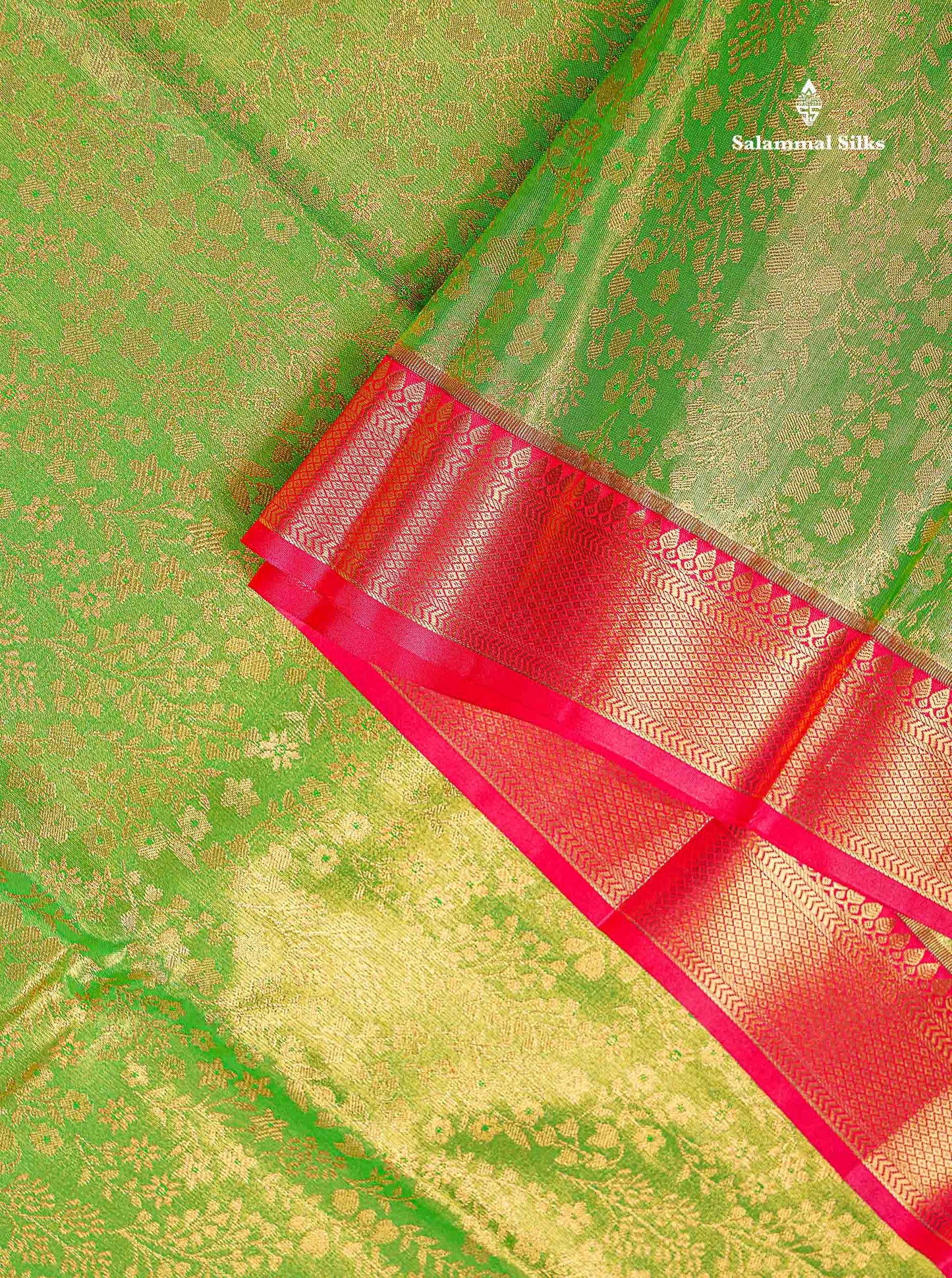 Bridal Semi Silk Saree - Green Colour Body Tissue With Contrast Redish Pink Evening Morning Border