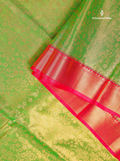 Bridal Semi Silk Saree - Green Colour Body Tissue With Contrast Redish Pink Evening Morning Border