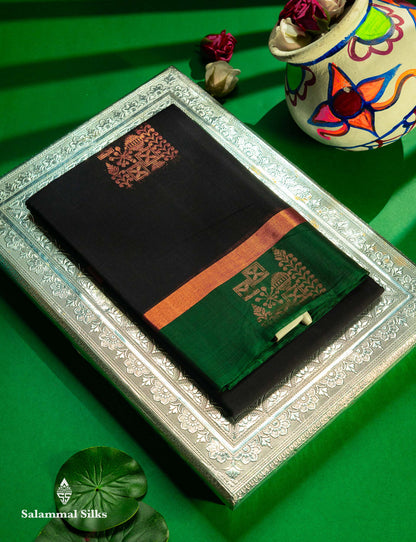 Beautiful Dual Tone Dark Navy Blue SICO Cotton Saree With Contrast Bottle Green Fancy Blouse
