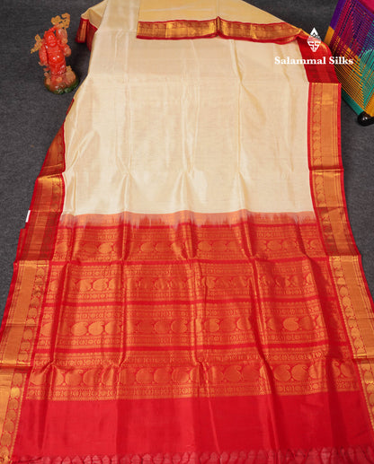 Beautiful Half White Plain Pure Silk Cotton Saree With Contrast Red Traditional Border