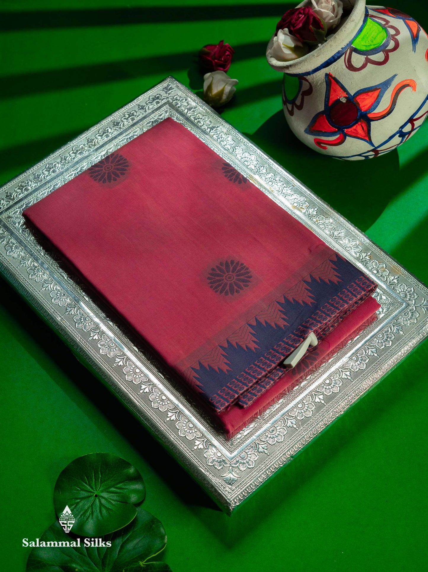 Beautiful Peach Pink Thread Work Kota Cotton Saree With Contrast Dual Tone Blue Traditional Border