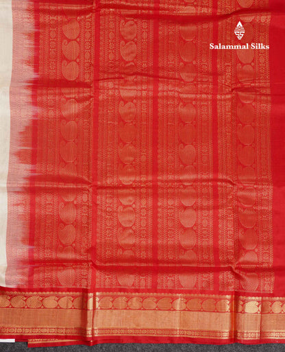Beautiful Half White Plain Pure Silk Cotton Saree With Contrast Red Traditional Border