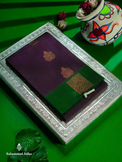 Beautiful Violet Copper Zari Butta Kota Cotton Saree With Contrast Bottle Green Fancy Border