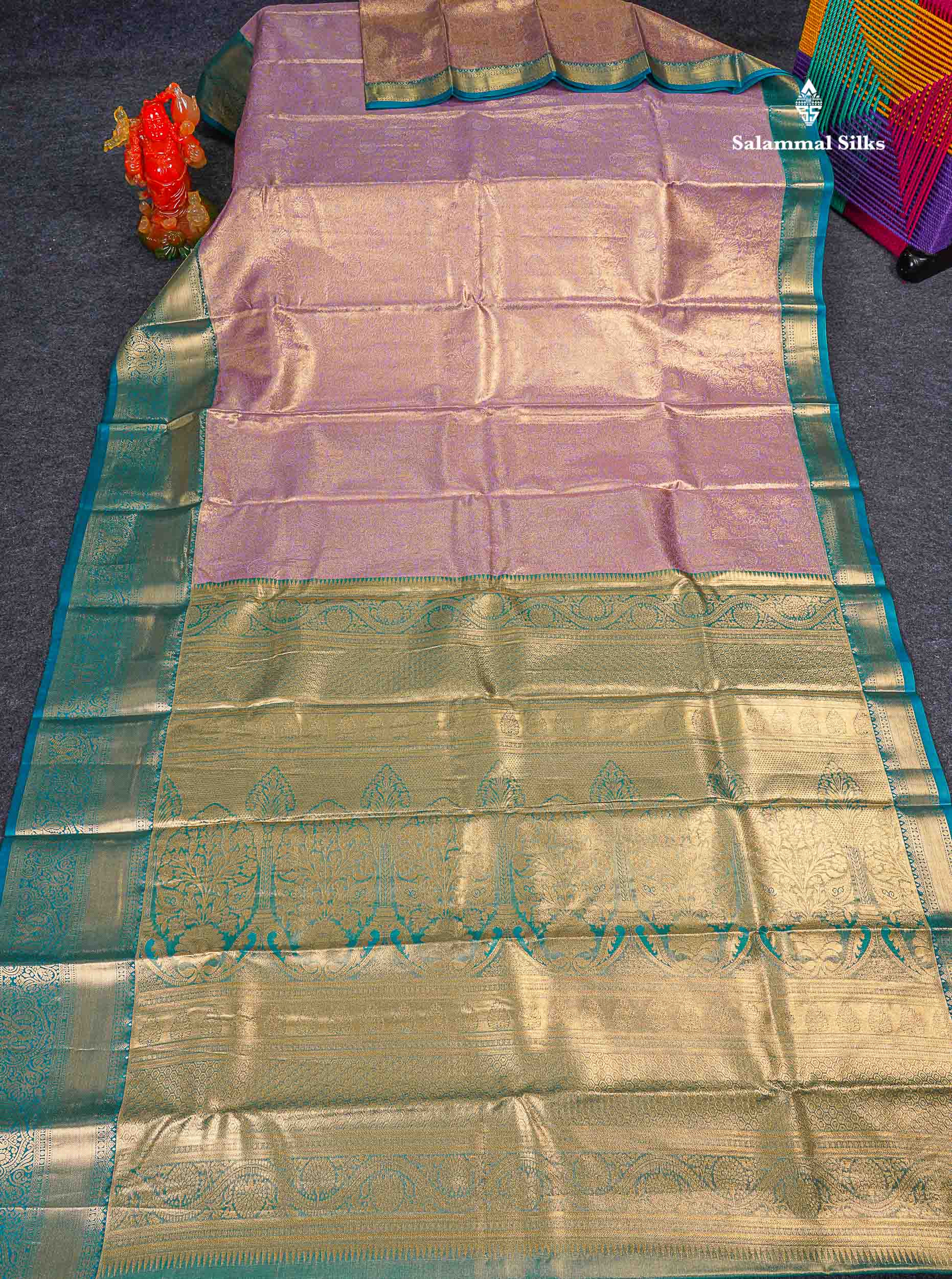 Bridal Semi Silk Saree - Light Lavender Colour Body Tissue With Contrast Teal Green Border 