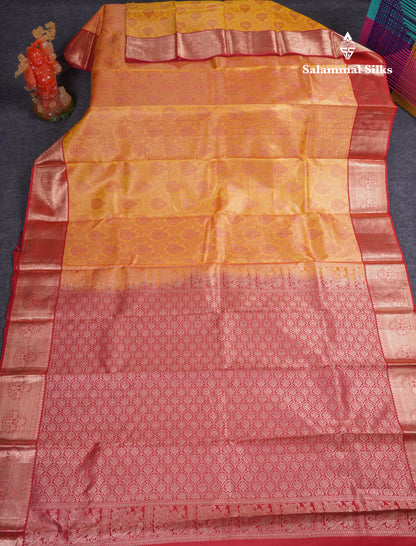 Beautiful Mustard Yellow Bridal Pure Kanjivaram Silk Saree With Contrast Maroon Border