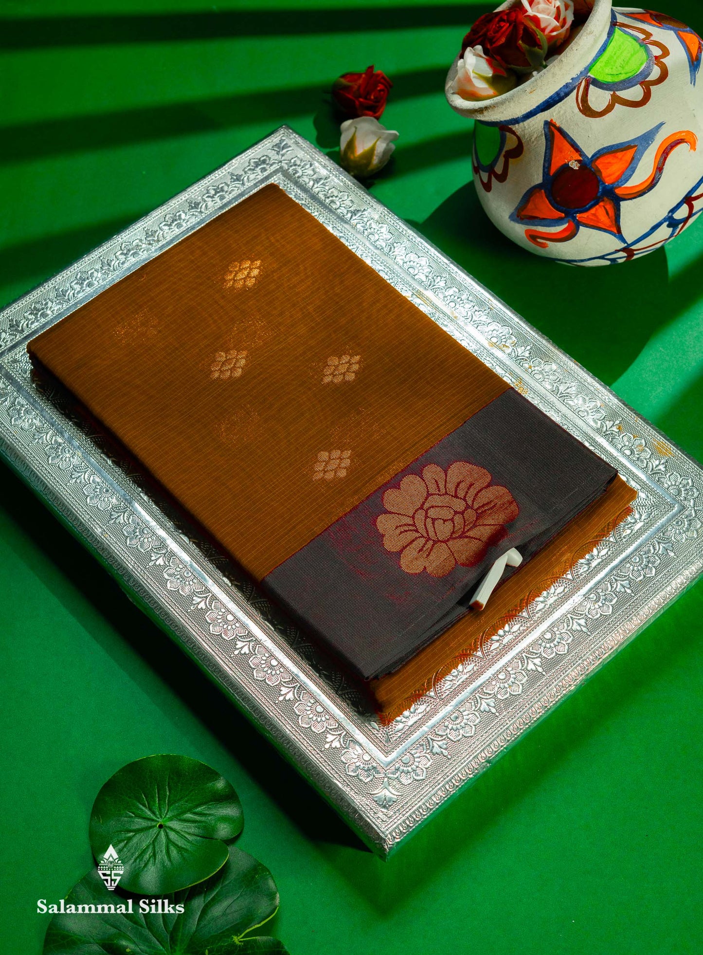 Beautiful Brown Copper Zari Butta Kota Cotton Saree With Contrast Dark Brown Border