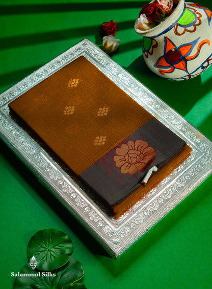 Beautiful Brown Copper Zari Butta Kota Cotton Saree With Contrast Dark Brown Border