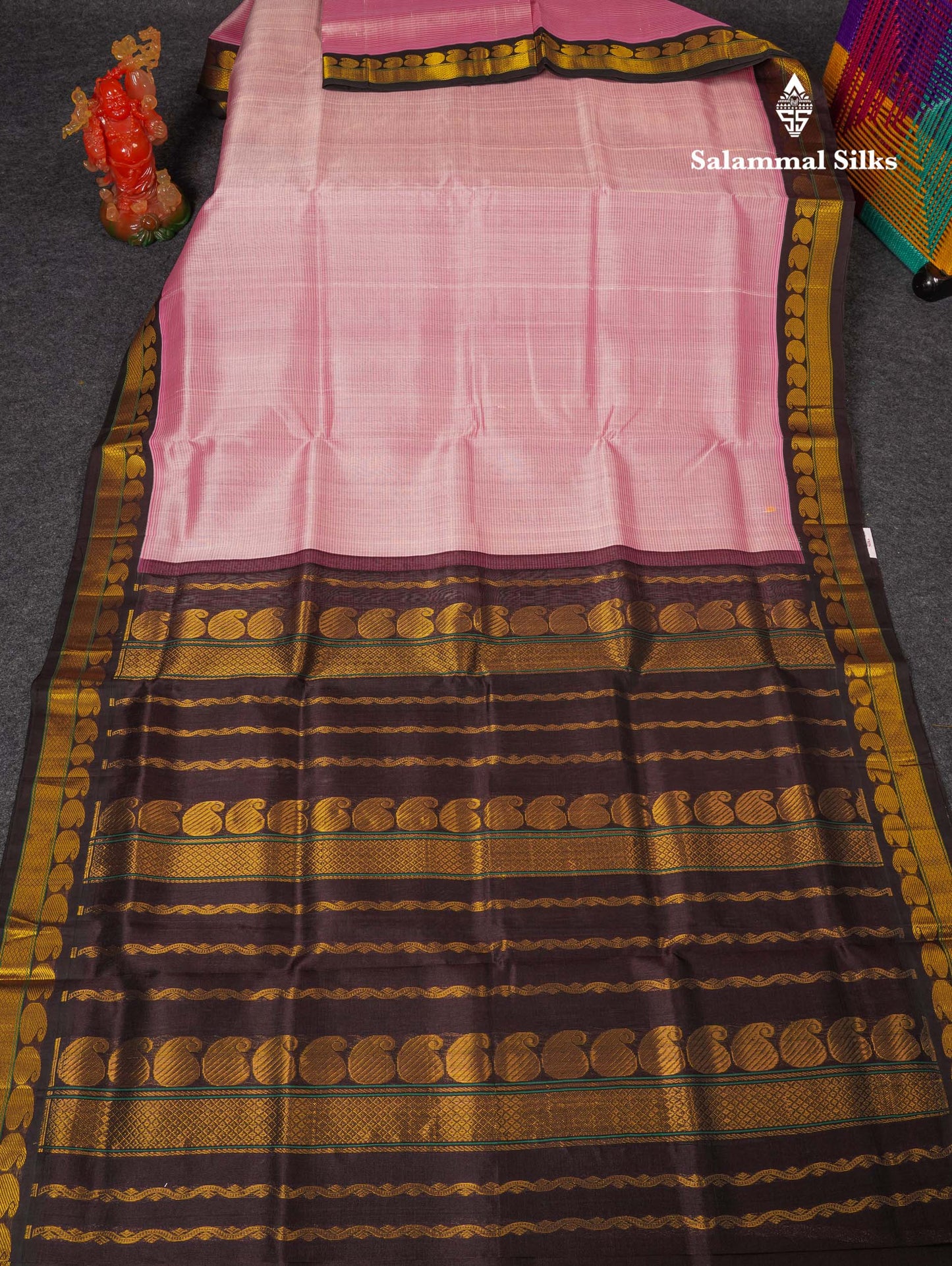 Beautiful Baby Pink Pure Silk Cotton Saree With Contrast Dark Brown Traditional Border