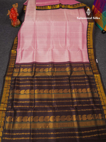 Beautiful Baby Pink Pure Silk Cotton Saree With Contrast Dark Brown Traditional Border