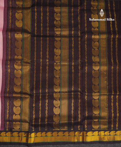 Beautiful Baby Pink Pure Silk Cotton Saree With Contrast Dark Brown Traditional Border