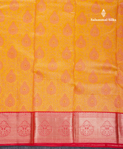 Beautiful Mustard Yellow Bridal Pure Kanjivaram Silk Saree With Contrast Maroon Border