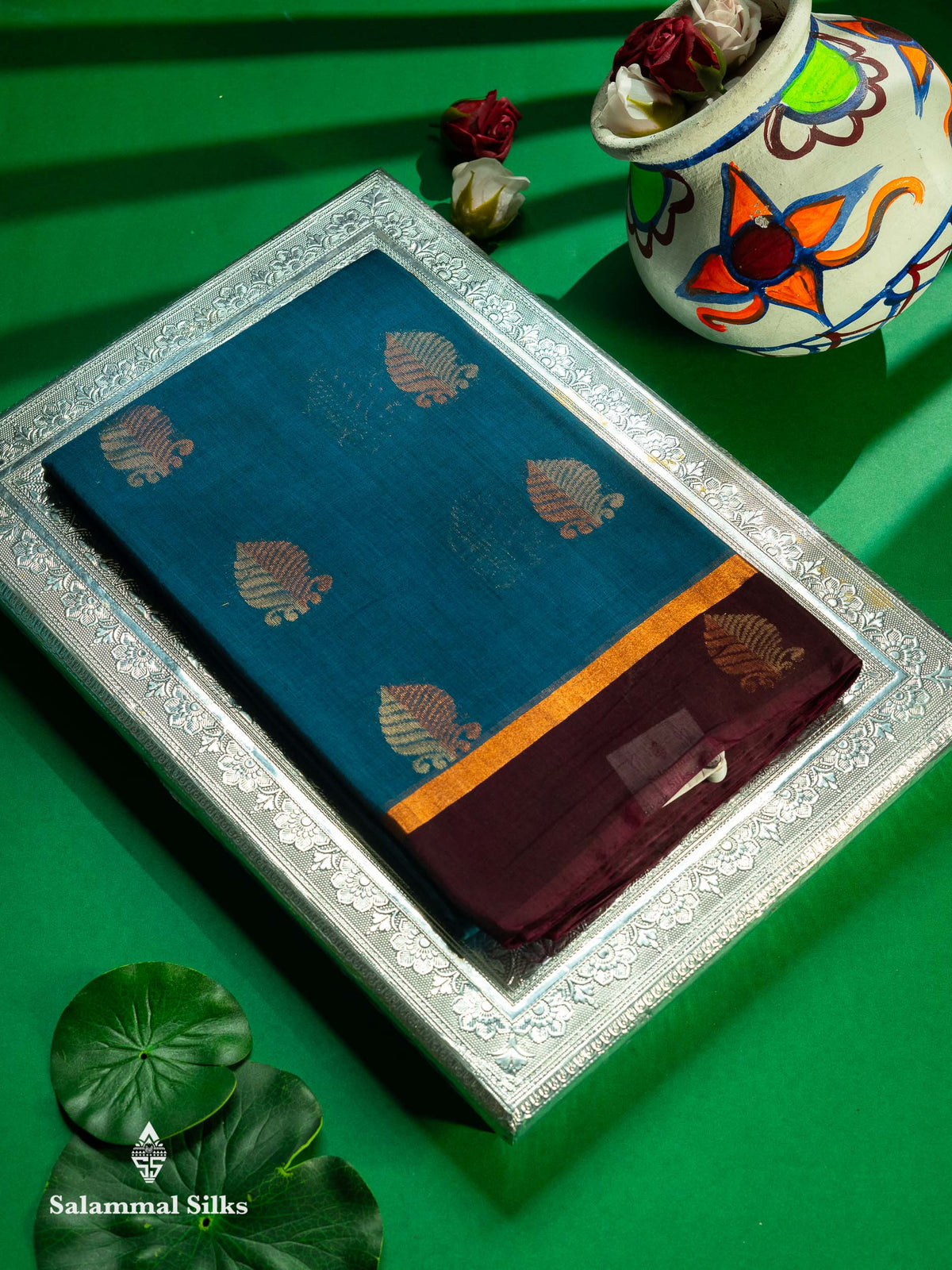 Beautiful Peacock Blue SICO Cotton Saree With Contrast Dark Magenta Blouse