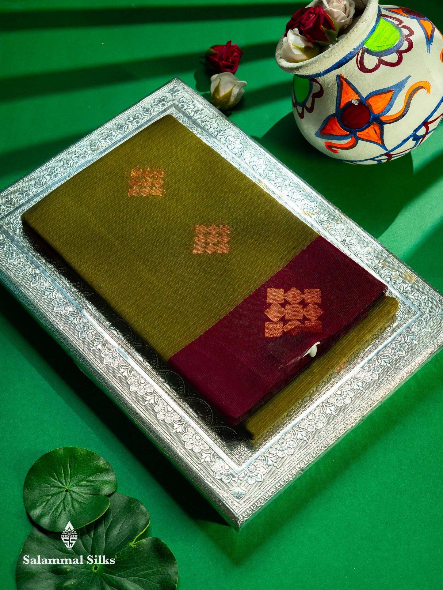 Beautiful Olive Green Copper Zari Butta Kota Cotton Saree With Contrast Maroon Border