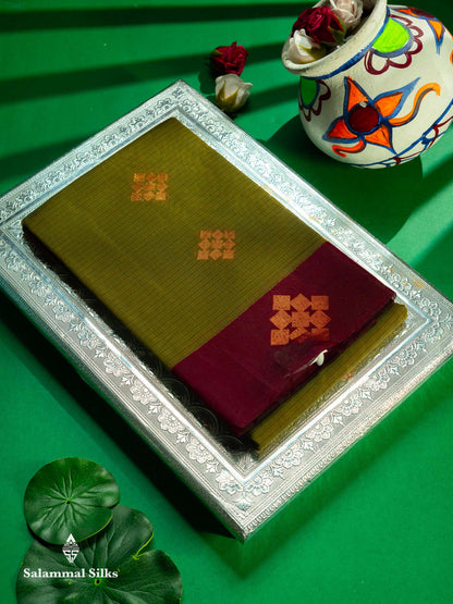 Beautiful Olive Green Copper Zari Butta Kota Cotton Saree With Contrast Maroon Border