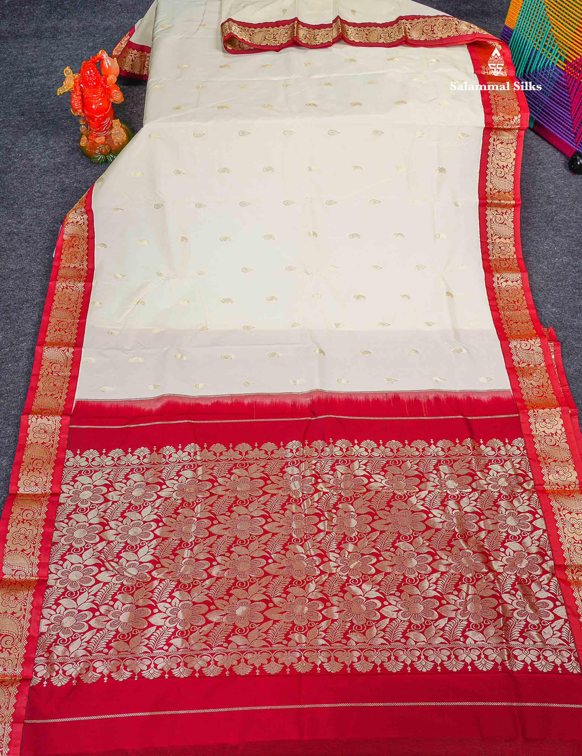 Semi Silk Saree - Half White Colour Body With Butta & Contrast Maroon Border 