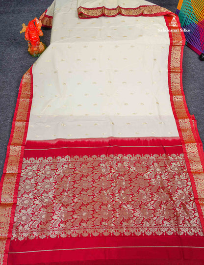 Semi Silk Saree - Half White Colour Body With Butta & Contrast Maroon Border 