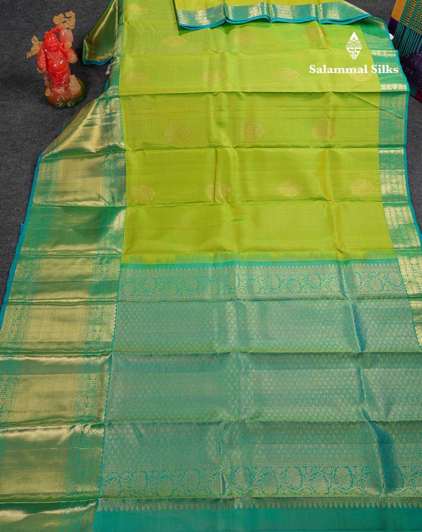 Beautiful Parrot Green Vaira Oosi Lines With Butta Pure Kanjivaram Silk Saree With Contrast Sapphire Blue Traditional Evening Morning Border