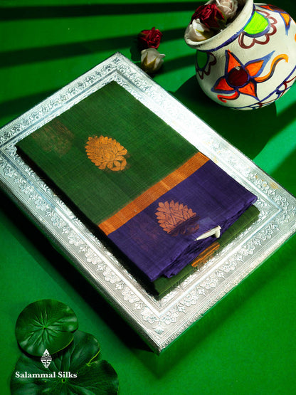 Beautiful Olive Green Zari Butta SICO Cotton Saree With Contrast Navy Blue Fancy Border
