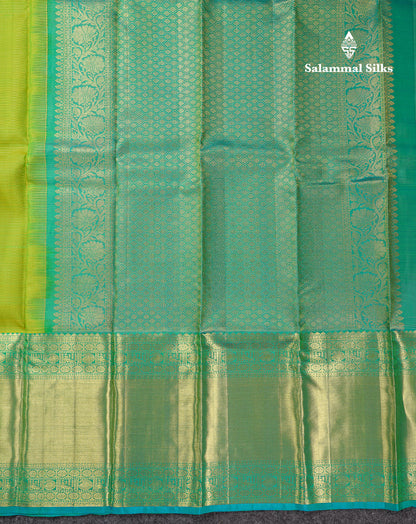 Beautiful Parrot Green Vaira Oosi Lines With Butta Pure Kanjivaram Silk Saree With Contrast Sapphire Blue Traditional Evening Morning Border