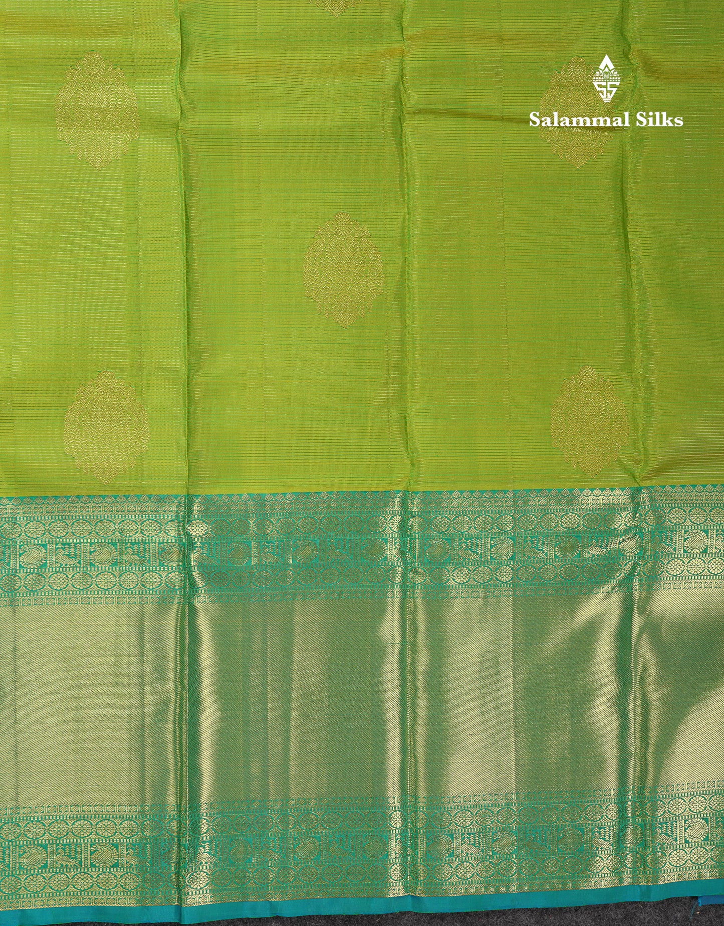 Beautiful Parrot Green Vaira Oosi Lines With Butta Pure Kanjivaram Silk Saree With Contrast Sapphire Blue Traditional Evening Morning Border