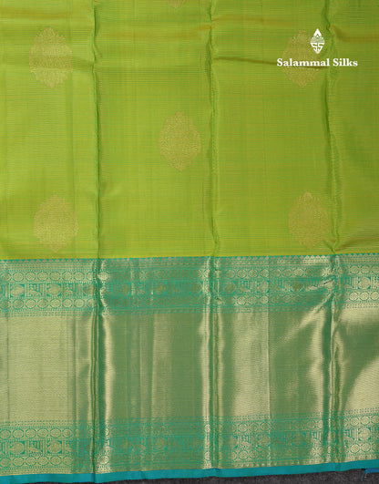 Beautiful Parrot Green Vaira Oosi Lines With Butta Pure Kanjivaram Silk Saree With Contrast Sapphire Blue Traditional Evening Morning Border