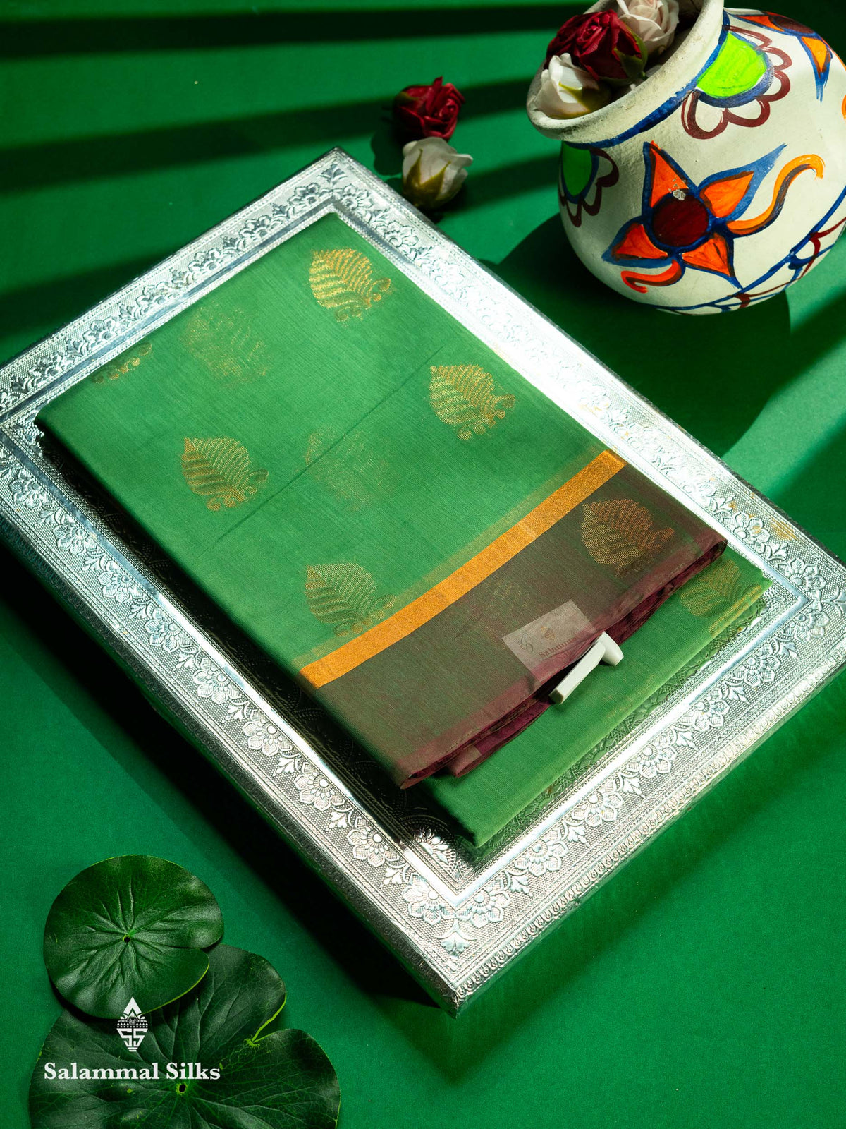 Beautiful Saffire Green SICO Cotton Saree With Contrast Magenta Blouse