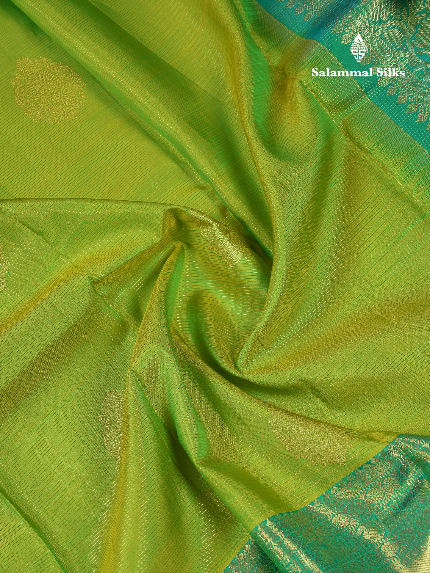 Beautiful Parrot Green Vaira Oosi Lines With Butta Pure Kanjivaram Silk Saree With Contrast Sapphire Blue Traditional Evening Morning Border