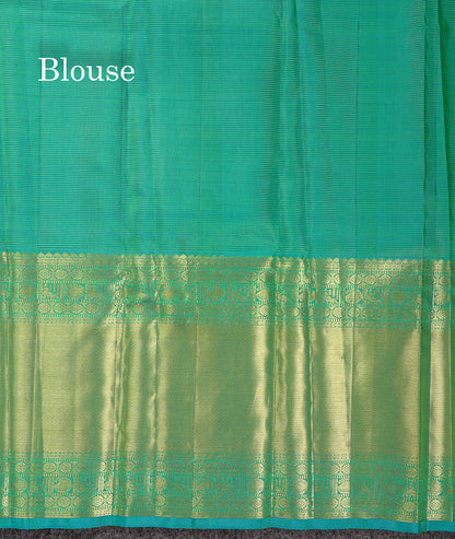 Beautiful Parrot Green Vaira Oosi Lines With Butta Pure Kanjivaram Silk Saree With Contrast Sapphire Blue Traditional Evening Morning Border