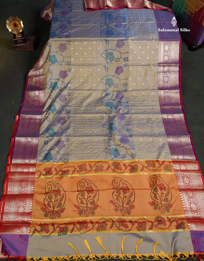 Semi Silk Saree - Dual Tone Blue Colour Body Pochampally Design With Contrast Orange Blouse 