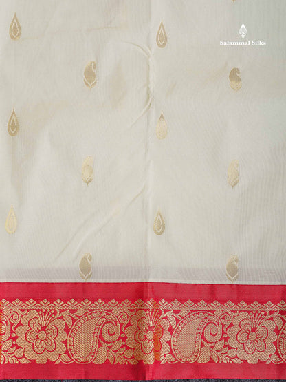 Semi Silk Saree - Half White Colour Body With Butta & Contrast Maroon Border