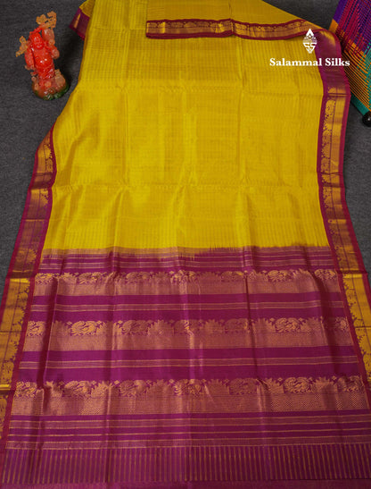 Beautiful Lemon Yellow Zari Small Checks Pure Silk Cotton Saree With Contrast Magenta Traditional Border
