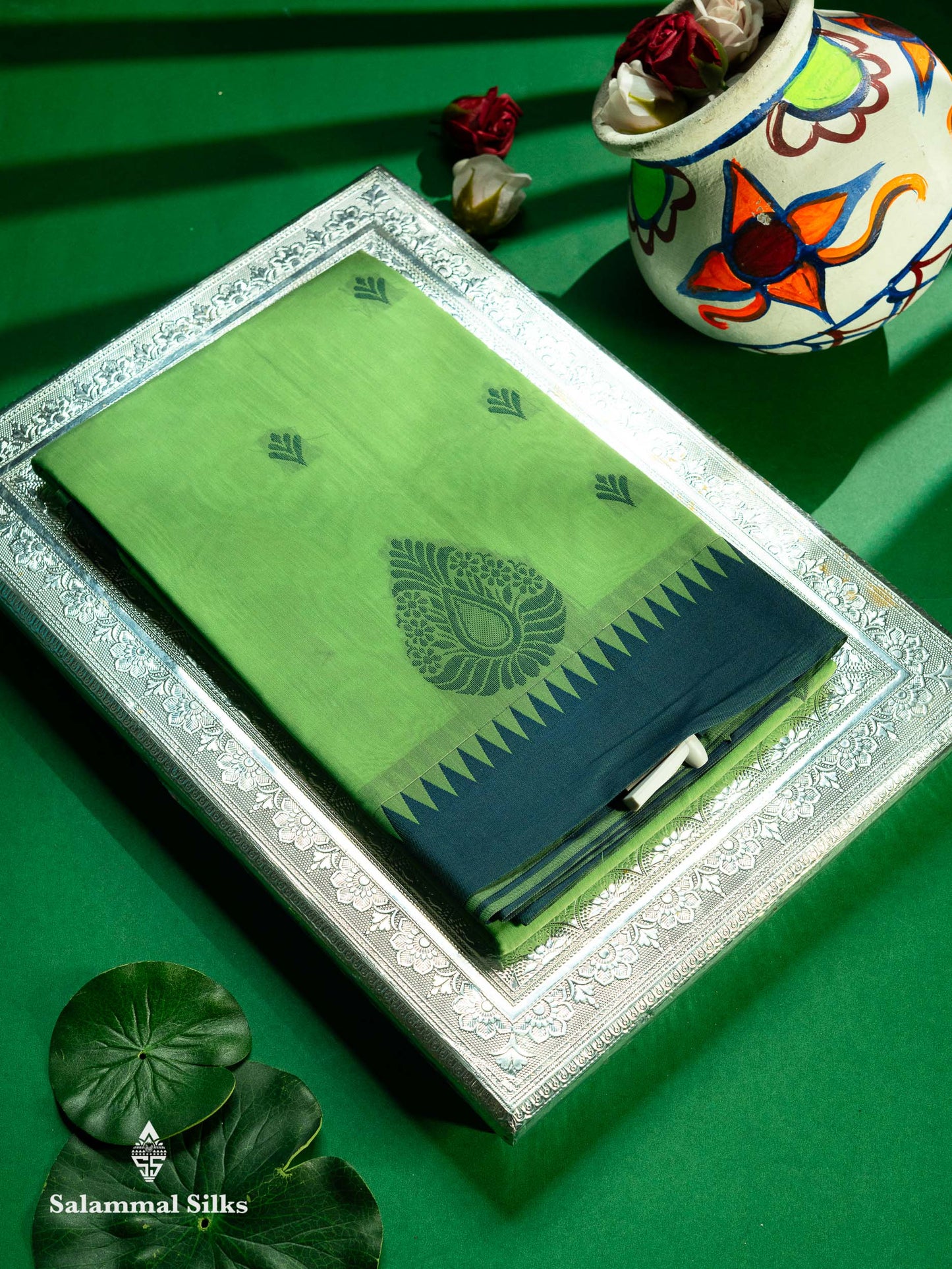 Beautiful Rexona Green Thread Work Kota Cotton Saree With Contrast Blueish Grey Traditional Border