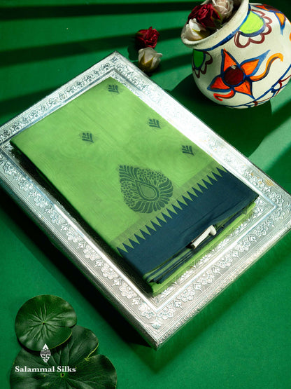 Beautiful Rexona Green Thread Work Kota Cotton Saree With Contrast Blueish Grey Traditional Border