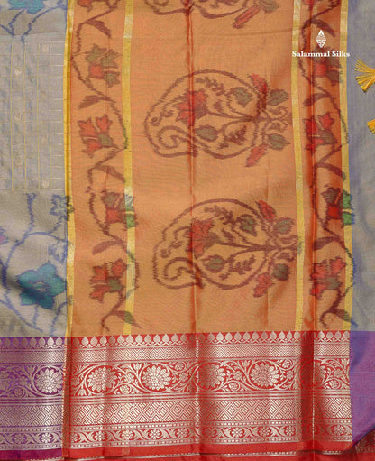 Semi Silk Saree - Pink Colour Body Pochampally Design With Contrast Orange Blouse