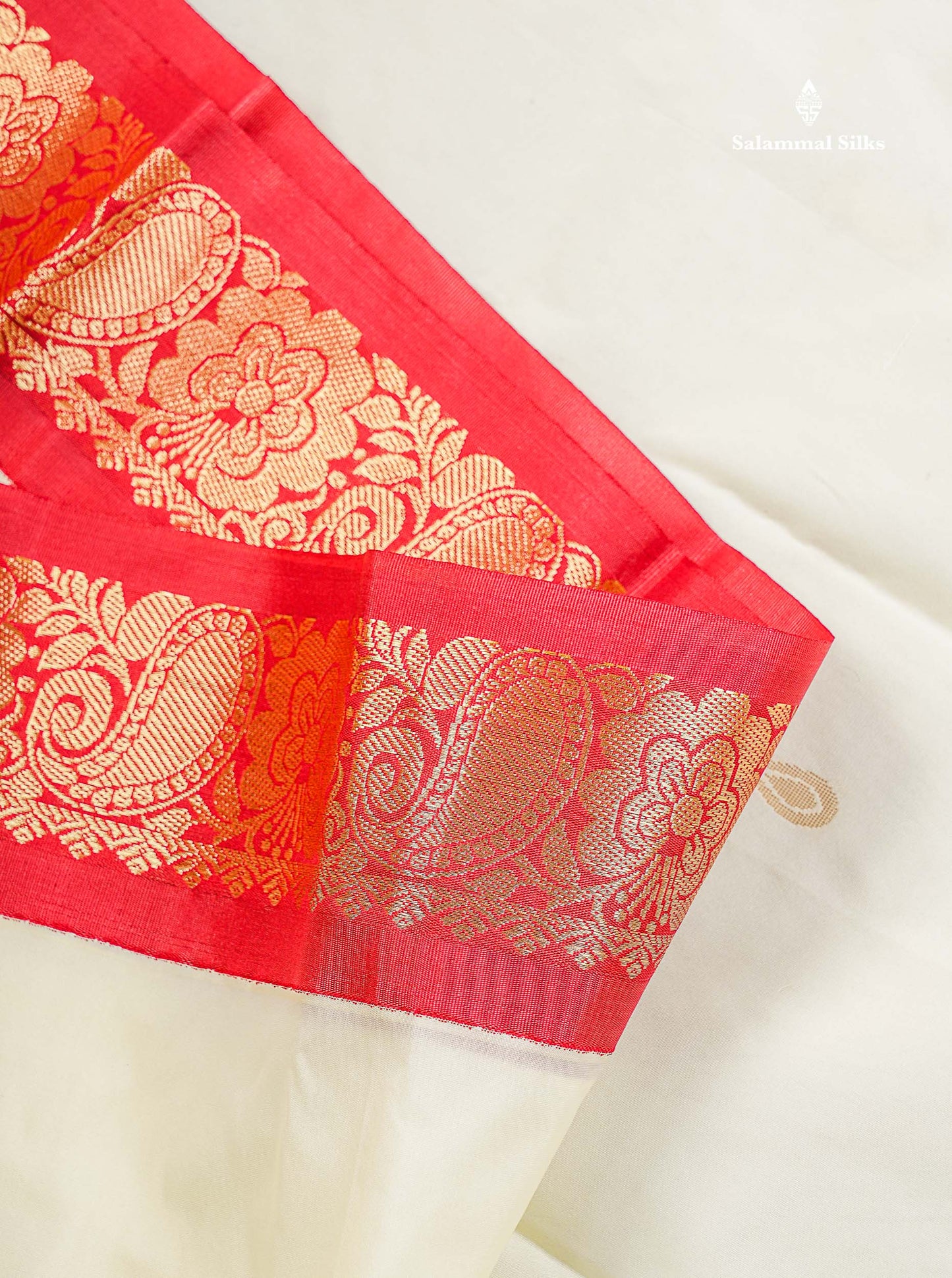 Semi Silk Saree - Half White Colour Body With Butta & Contrast Maroon Border