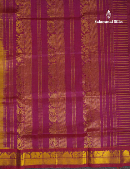 Beautiful Lemon Yellow Zari Small Checks Pure Silk Cotton Saree With Contrast Magenta Traditional Border