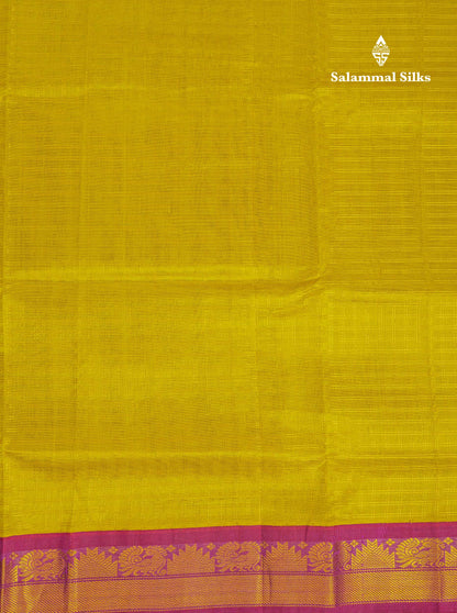 Beautiful Lemon Yellow Zari Small Checks Pure Silk Cotton Saree With Contrast Magenta Traditional Border