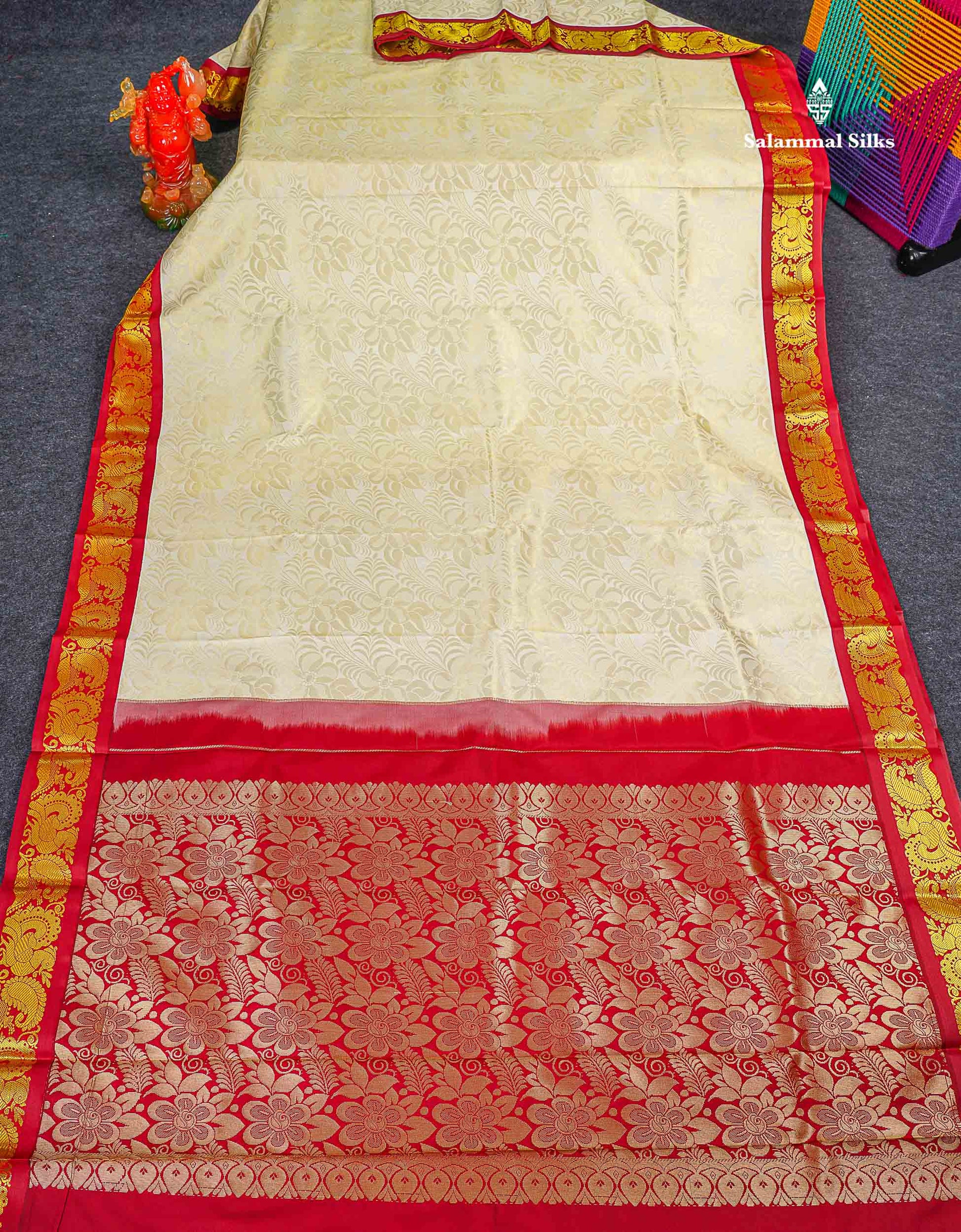 Semi Silk Saree - Half White Colour Body & Contrast Maroon Border 