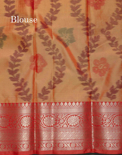 Semi Silk Saree - Pink Colour Body Pochampally Design With Contrast Orange Blouse