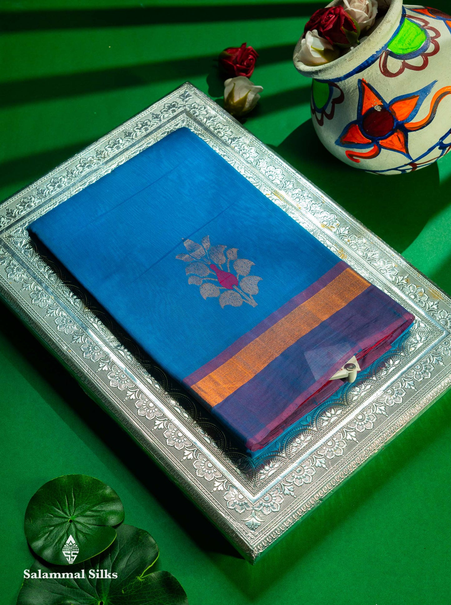 Beautiful Ananda Blue Zari Butta Menakari Work SICO Cotton Saree With Contrast Pink Blouse