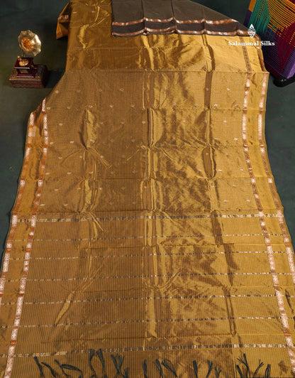 Semi Silk Saree - Olive Mustard Yellow Colour Body Small Checks With Butta & Traditional Rettapet Border