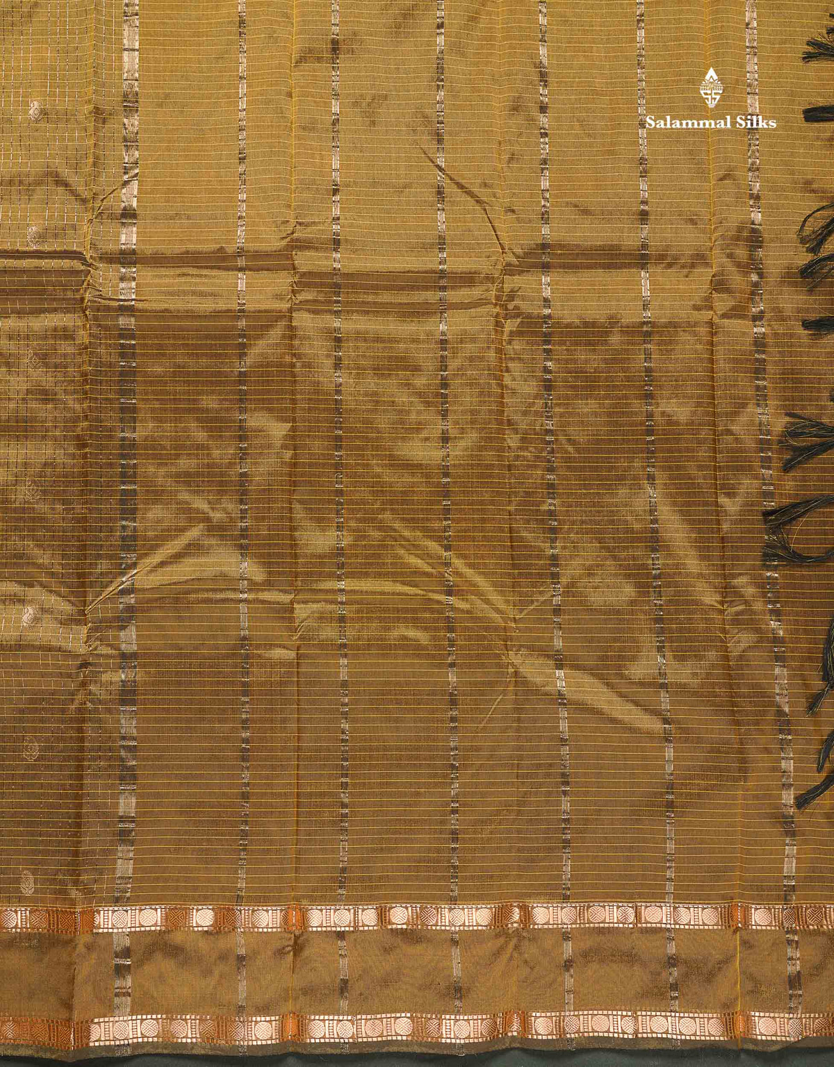 Semi Silk Saree - Olive Mustard Yellow Colour Body Small Checks With Butta & Traditional Rettapet Border