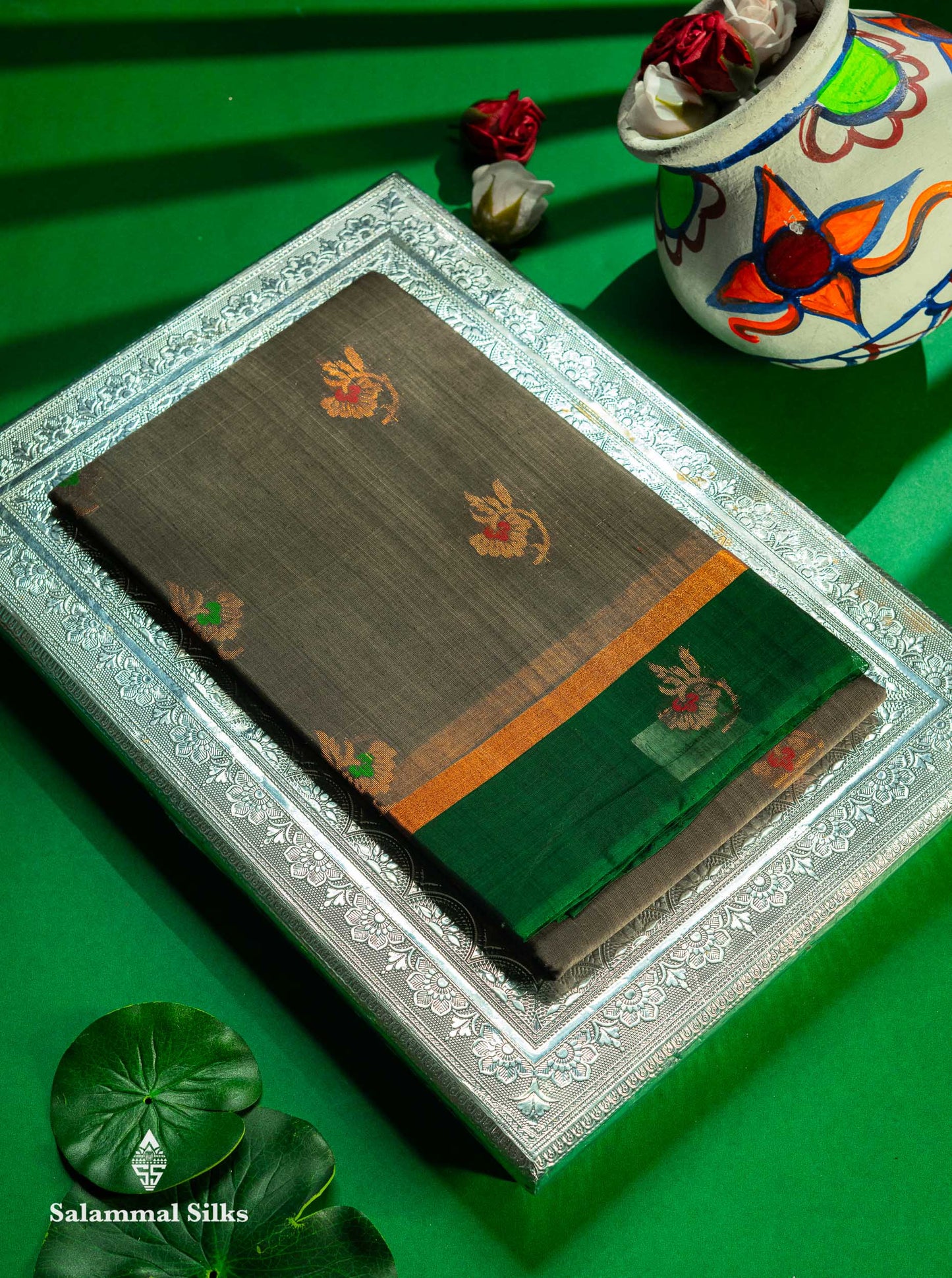 Beautiful Elephant Grey Zari Butta Menakari Work SICO Cotton Saree With Contrast Bottle Green Border