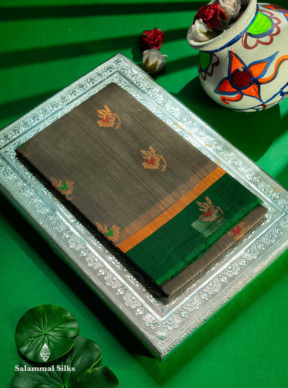 Beautiful Elephant Grey Zari Butta Menakari Work SICO Cotton Saree With Contrast Bottle Green Border