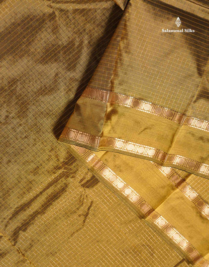 Semi Silk Saree - Olive Mustard Yellow Colour Body Small Checks With Butta & Traditional Rettapet Border