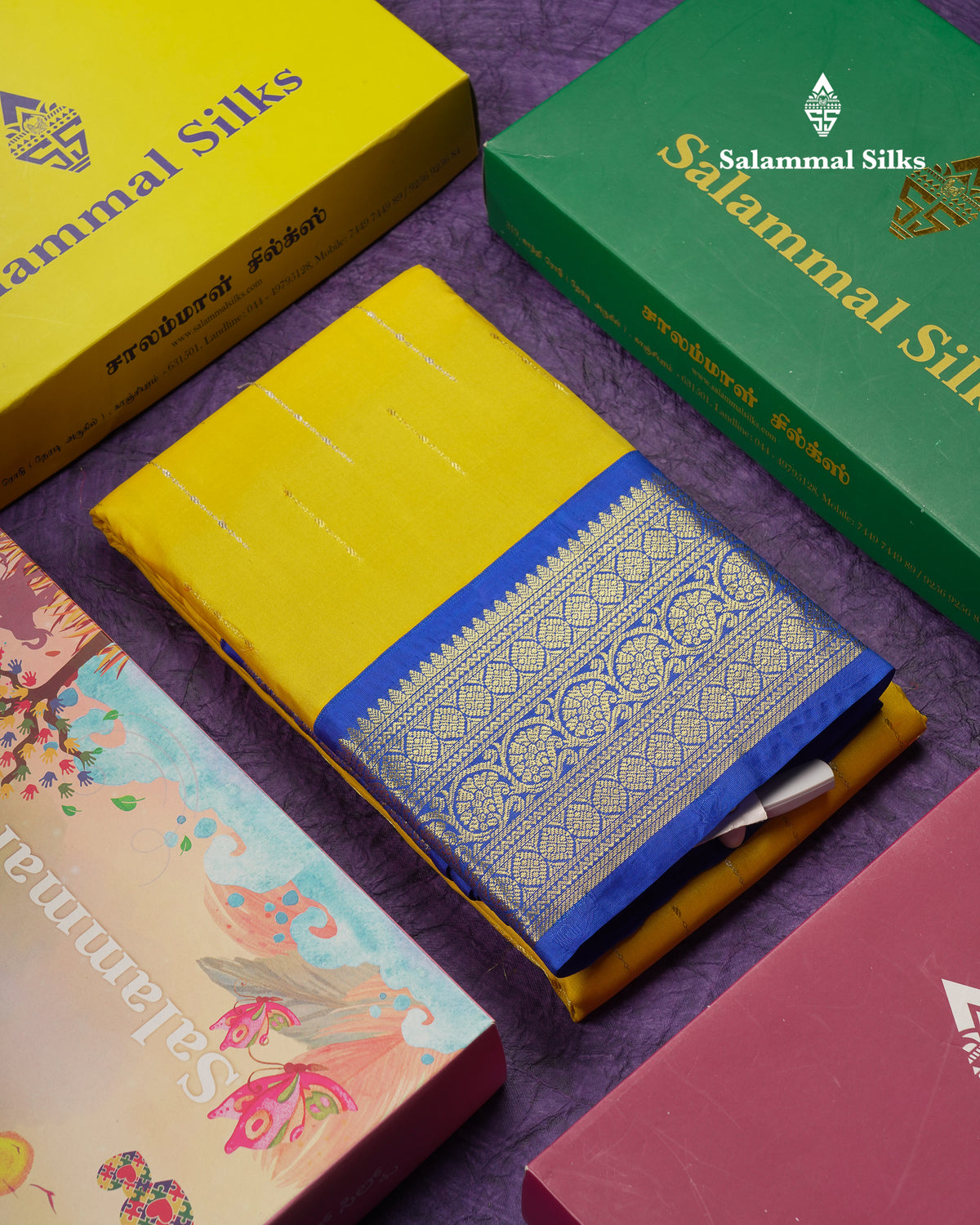 Beautiful Yellow Pure Kanjivaram Silk Saree With Contrast Royal Blue Traditional Border